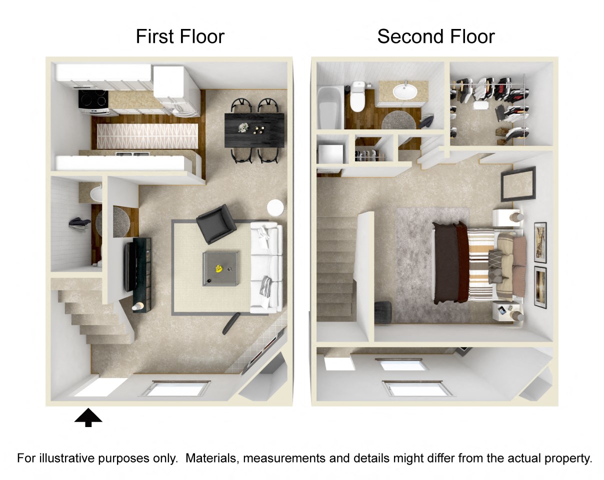 Floor plan for 1 bed, 1.5 baths, 900 sqft